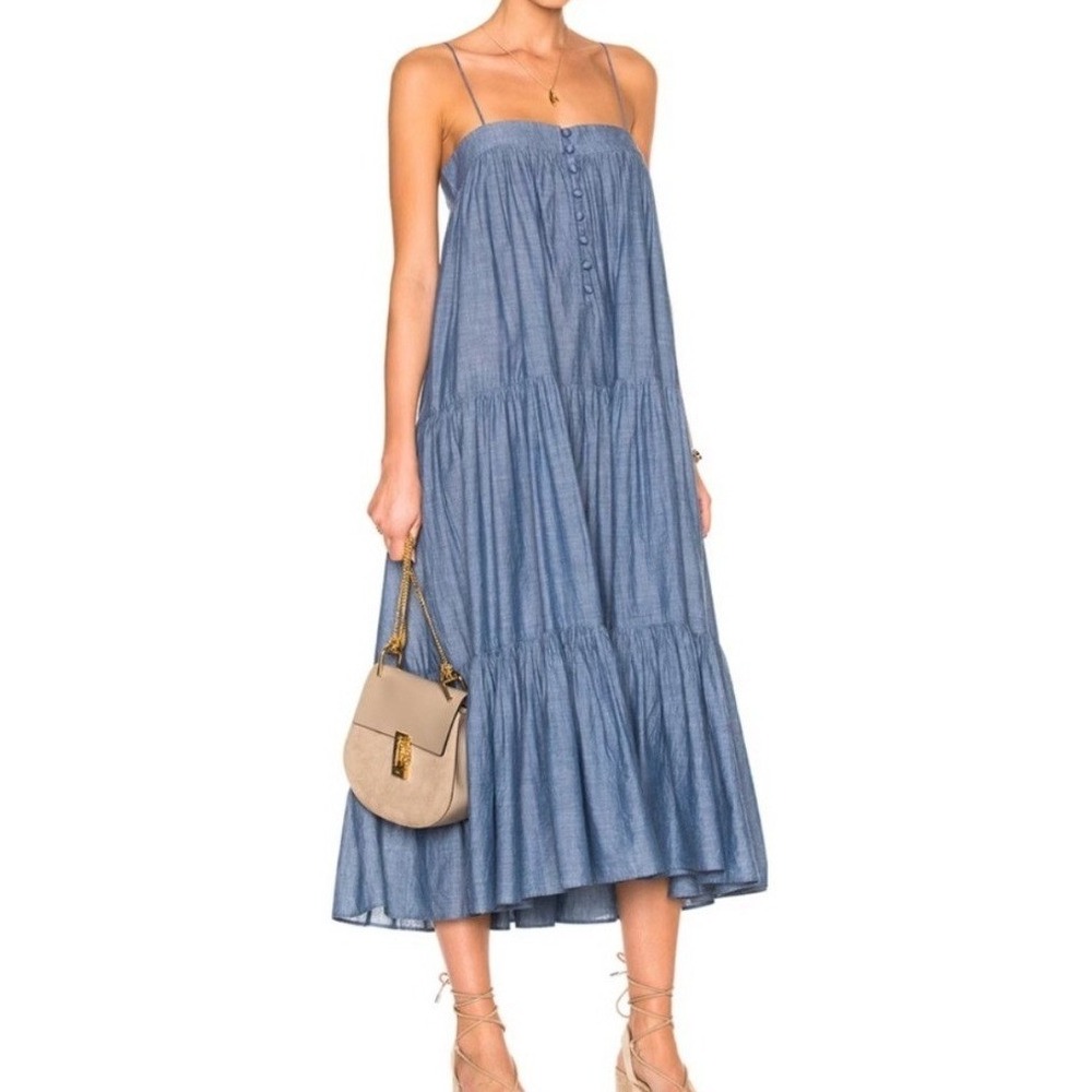 Apiece Apart Tangiers Spaghetti Midi Dress 2 Blue Chambray Tiered Cotton Natural